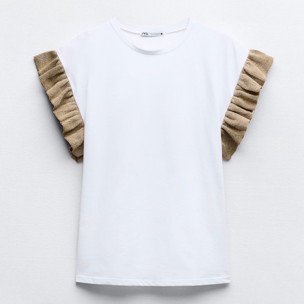 Zara White Cotton Blend Tee Gold Metallic Ruffle Sleeves Size S